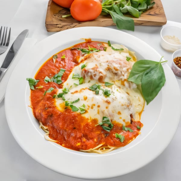Allegro Pizza's chicken parmesan with spaghetti, marinara, melted cheese, and fresh basil.