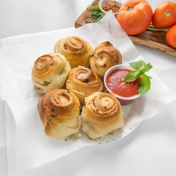Allegro Pizza's garlic knots with a side of marinara sauce, garnished with fresh basil.