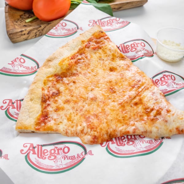 A large slice of Allegro Pizza's classic cheese pizza on branded parchment paper.