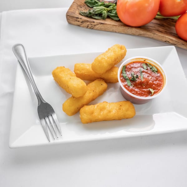 Allegro Pizza's golden mozzarella sticks with a side of marinara sauce, fresh basil, and tomatoes.