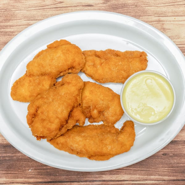 Allegro Pizza's crispy chicken tenders with a side of creamy dipping sauce on a white plate.