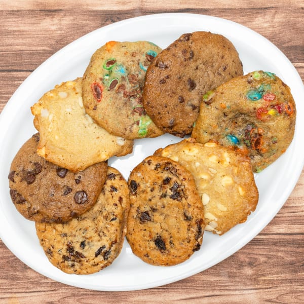 A white plate filled with assorted Allegro Pizza cookies, including chocolate chip and M&M varieties.