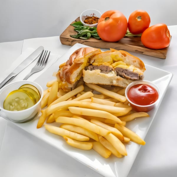Allegro Pizza's cheesesteak sandwich, fries, pickles, and ketchup on a white plate with tomatoes in the background.