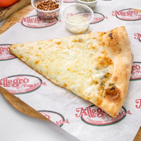 A slice of Allegro Pizza's white pizza with melted cheese and garlic, on branded parchment paper.